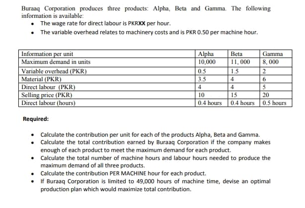 Buraaq Corporation produces three products: Alpha, Beta and Gamma. The following
information is available:
The wage rate for direct labour is PKRXX per hour.
• The variable overhead relates to machinery costs and is PKR 0.50 per machine hour.
Information per unit
Alpha
10,000
Beta
Gamma
Maximum demand in units
11, 000
8, 000
Variable overhead (PKR)
Material (PKR)
Direct labour (PKR)
Selling price (PKR)
Direct labour (hours)
0.5
1.5
2
3.5
4
4
4
5
10
15
20
0.4 hours
0.4 hours
0.5 hours
Required:
• Calculate the contribution per unit for each of the products Alpha, Beta and Gamma.
• Calculate the total contribution earned by Buraaq Corporation if the company makes
enough of each product to meet the maximum demand for each product.
• Calculate the total number of machine hours and labour hours needed to produce the
maximum demand of all three products.
• Calculate the contribution PER MACHINE hour for each product.
• If Buraaq Corporation is limited to 49,000 hours of machine time, devise an optimal
production plan which would maximize total contribution.

