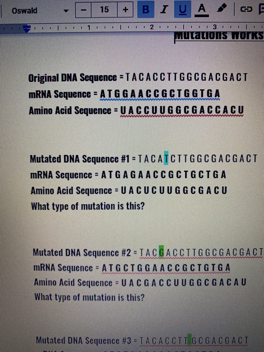 Oswald
15
IUA
1.
MUtations hTorks
Original DNA Sequence = T ACACCTTGGCGACGACT
MRNA Sequence ATGGAACCGCTGGTGA
Amino Acid Sequence = U A C C UUGGCGACCACU
wwww
Mutated DNA Sequence #1 = T A CATCITGGCGACGACT
MRNA Sequence = ATGAGAACCG CTGCTGA
Amino Acid Sequence = U A CUCUUGGCGACU
What type of mutation is this?
Mutated DNA Sequence #2 = T ACGACCTTGGCGACGACT
MRNA Sequence = ATGCTGGAACCGCTGTGA
Amino Acid Sequence U ACGACCUUGGCGACAU
%3D
%3D
What type of mutation is this?
Mutated DNA Sequence #3 = TACACCTT GCGACGACT
