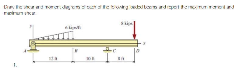 Draw the shear and moment diagrams of each of the following loaded beams and report the maximum moment and
maximum shear.
12 ft
6 kips/ft
B
10 ft
ес
8 kips
8 ft