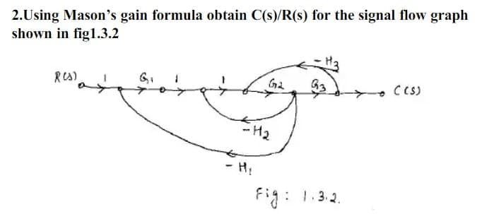 2.Using Mason's gain formula obtain C(s)/R(s) for the signal flow graph
shown in figl.3.2
RCS)
C CS)
- H2
- H
:
Fig:
: 1. 3.2.
