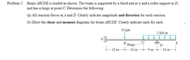 Problem 5: Beam ABCDE is loaded as shown. The beam is supported by a fixed end at A and a roller support at D,
and has a hinge at point C. Determine the following:
(a) All reaction forces at A and D. Clearly indicate magnitude and direction for each reaction.
(b) Draw the shear and moment diagrams for beam ABCDE. Clearly indicate units for each.
75 kN
2 kN/m
B Hinge
-12 m+12 m
E
-9 m-
-12 m-

