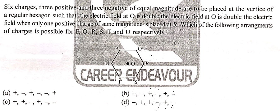 Six charges, three positive and three negative of equal magnitude are to be placed at the vertice of
a regular hexagon such that the electric field at O is double the electric field at O is double the electric
field when only one positive charge of same magnitude is placed at R. Which of the following arrangments
of charges is possible for P, Q, R, S, T and U respectively?
P
U
R
CAREER ENDEAVOUR
(a) +, -, +, -, -, +
(c) +, +, –, +, -, -
(b) +, -, +,:-, +, -
(d) –, +, +,'-, +,
