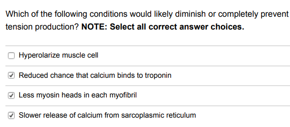 Which of the following conditions would likely diminish or completely prevent
tension production? NOTE: Select all correct answer choices.
Hyperolarize muscle cell
Reduced chance that calcium binds to troponin
Less myosin heads in each myofibril
Slower release of calcium from sarcoplasmic reticulum
