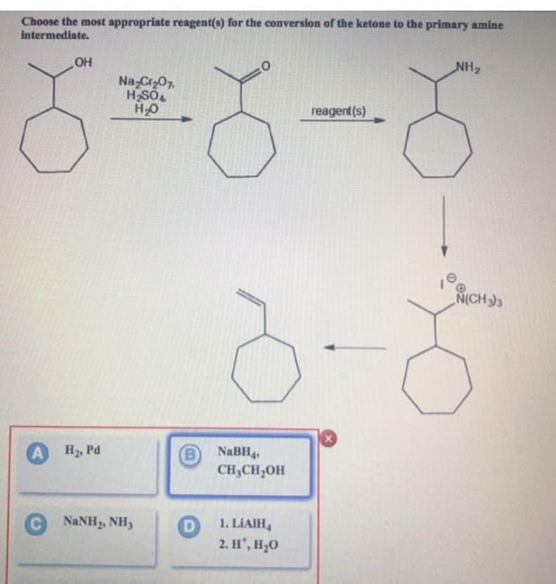 Choose the most appropriate reagent(s) for the conversion of the ketone to the primary amine
intermediate.
OH
NH2
Na Cr207
HSO4
HO
reagent (s)
N(CH3
H2, Pd
B)
NABH4,
CH3CH,OH
NANH2, NH3
1. LIAIH,
2. H, H20
