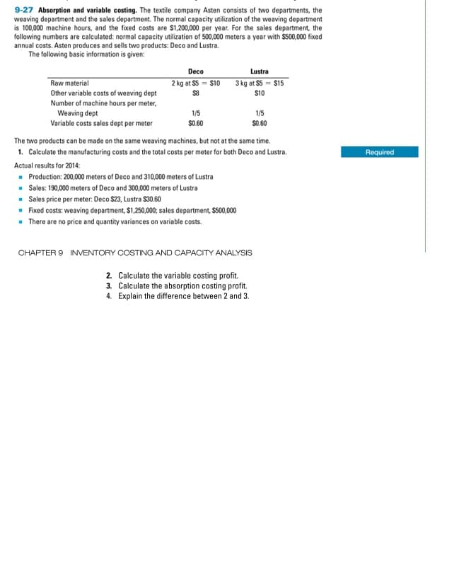 9-27 Absorption and variable costing. The textile company Asten consists of two departments, the
weaving department and the sales department. The normal capacity utilization of the weaving department
is 100,000 machine hours, and the fixed costs are $1,200,000 per year. For the sales department, the
following numbers are calculated: normal capacity utilization of 500,000 meters a year with $500,000 fixed
annual costs. Asten produces and sells two products: Deco and Lustra.
The following basic information is given:
Raw material
Other variable costs of weaving dept
Number of machine hours per meter,
Weaving dept
Variable costs sales dept per meter
Deco
2 kg at $5= $10
$8
1/5
$0.60
Lustra
3 kg at $5= $15
$10
■ Sales: 190,000 meters of Deco and 300,000 meters of Lustra
■
Sales price per meter: Deco $23, Lustra $30.60
The two products can be made on the same weaving machines, but not at the same time.
1. Calculate the manufacturing costs and the total costs per meter for both Deco and Lustra.
Actual results for 2014:
■ Production: 200,000 meters of Deco and 310,000 meters of Lustra
Fixed costs: weaving department, $1,250,000; sales department, $500,000
■ There are no price and quantity variances on variable costs.
1/5
$0.60
CHAPTER 9 INVENTORY COSTING AND CAPACITY ANALYSIS
2. Calculate the variable costing profit.
3. Calculate the absorption costing profit.
4. Explain the difference between 2 and 3.
Required