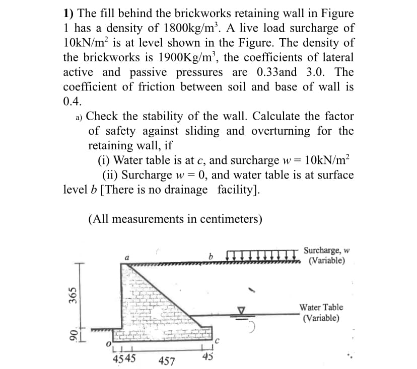 1) The fill behind the brickworks retaining wall in Figure
1 has a density of 1800kg/m³. A live load surcharge of
10kN/m? is at level shown in the Figure. The density of
the brickworks is 1900Kg/m³, the coefficients of lateral
active and passive pressures are 0.33and 3.0. The
coefficient of friction between soil and base of wall is
0.4.
a) Check the stability of the wall. Calculate the factor
of safety against sliding and overturning for the
retaining wall, if
(i) Water table is at c, and surcharge w= 10KN/m?
(ii) Surcharge w = 0, and water table is at surface
level b [There is no drainage facility].
(All measurements in centimeters)
Surcharge, w
(Variable)
Water Table
(Variable)
4545
457
45
365
'906
