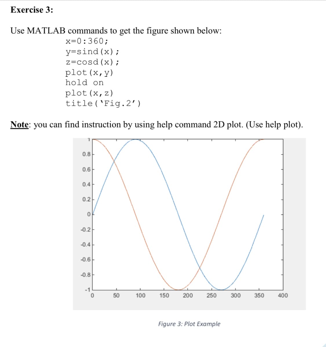 Exercise 3:
Use MATLAB commands to get the figure shown below:
x=0:360;
y=sind (x);
z=cosd (x);
plot (x, y)
hold on
plot (x, z)
title (Fig.2')
Note: you can find instruction by using help command 2D plot. (Use help plot).
0.8
0.6
0.4
0.2
0
-0.2
-0.4
-0.6
-0.8
-1
0
50
100
150
200
250
Figure 3: Plot Example
300
350
400