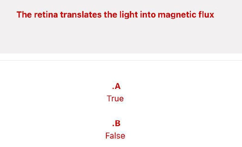 The retina translates the light into magnetic flux
.A
True
.B
False