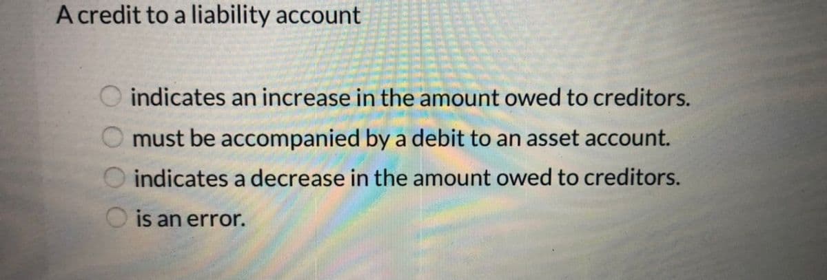 A credit to a liability account
O indicates an increase in the amount owed to creditors.
O must be accompanied by a debit to an asset account.
indicates a decrease in the amount owed to creditors.
is an error.
O O O O
