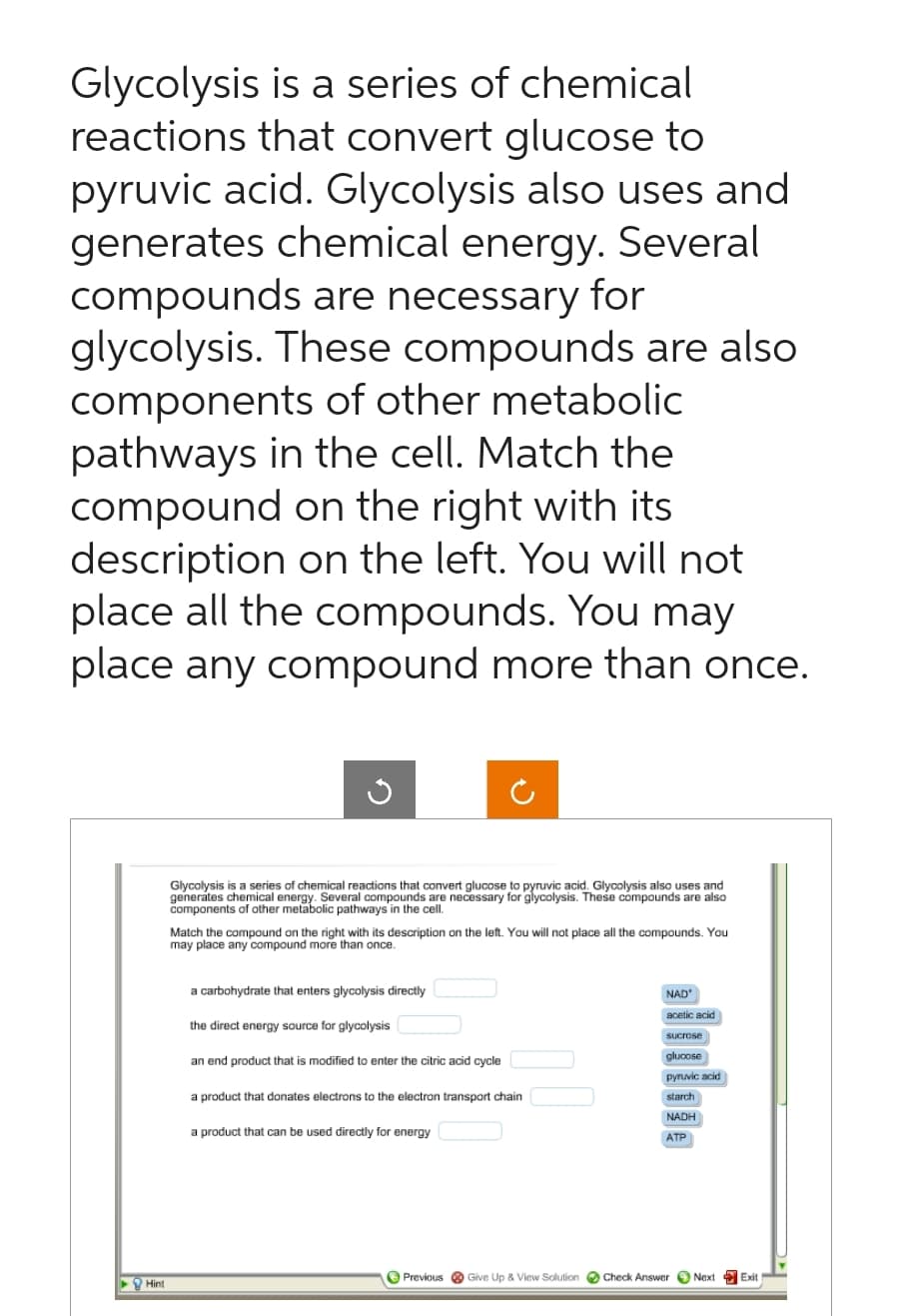 Glycolysis is a series of chemical
reactions that convert glucose to
pyruvic acid. Glycolysis also uses and
generates chemical energy. Several
compounds are necessary for
glycolysis. These compounds are also
components of other metabolic
pathways in the cell. Match the
compound on the right with its
description on the left. You will not
place all the compounds. You may
place any compound more than once.
Hint
Glycolysis is a series of chemical reactions that convert glucose to pyruvic acid. Glycolysis also uses and
generates chemical energy. Several compounds are necessary for glycolysis. These compounds are also
components of other metabolic pathways in the cell.
Match the compound on the right with its description on the left. You will not place all the compounds. You
may place any compound more than once.
a carbohydrate that enters glycolysis directly
the direct energy source for glycolysis
an end product that is modified to enter the citric acid cycle
a product that donates electrons to the electron transport chain
a product that can be used directly for energy
NAD
acetic acid
sucrose
glucose
pyruvic acid
starch
NADH
ATP
Previous Give Up & View Solution Check Answer Next Exit