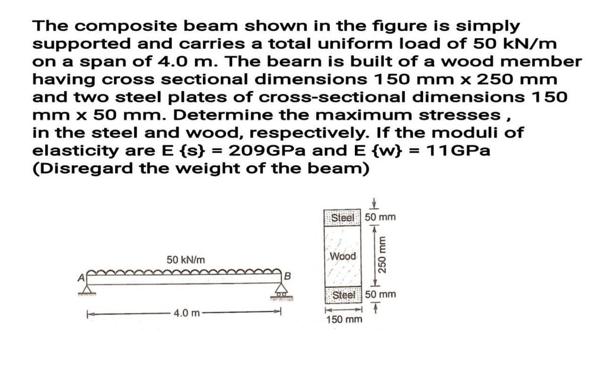 The composite beam shown in the figure is simply
supported and carries a total uniform load of 50 kN/m
on a span of 4.0 m. The bearn is built of a wood member
having cross sectional dimensions 150 mm x 250 mm
and two steel plates of cross-sectional dimensions 150
mm x 50 mm. Determine the maximum stresses,
in the steel and wood, respectively. If the moduli of
elasticity are E {s} = 209GPA and E {w} = 11GPA
(Disregard the weight of the beam)
%3D
%3D
Steel 50 mm
Wood
50 kN/m
Steel 50 mm
4.0 m -
150 mm
250 mm
