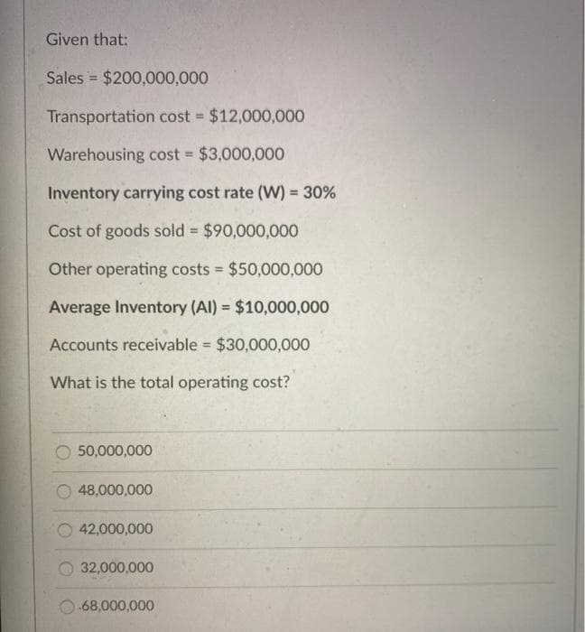 Given that:
Sales $200,000,000
%3!
Transportation cost = $12,000,000
%3D
Warehousing cost = $3,000,000
Inventory carrying cost rate (W) = 30%
Cost of goods sold = $90,000,000
%3D
Other operating costs $50,000,000
%3D
Average Inventory (Al) = $10,000,000
Accounts receivable $30,000,000
%3!
What is the total operating cost?
50,000,000
48,000,000
42,000,000
32,000,000
O 68,000,000
