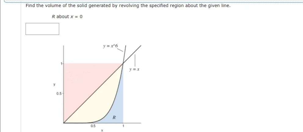 Find the volume of the solid generated by revolving the specified region about the given line.
R about x = 0
y =x6
y =x
y
0.5-
R
0.5
