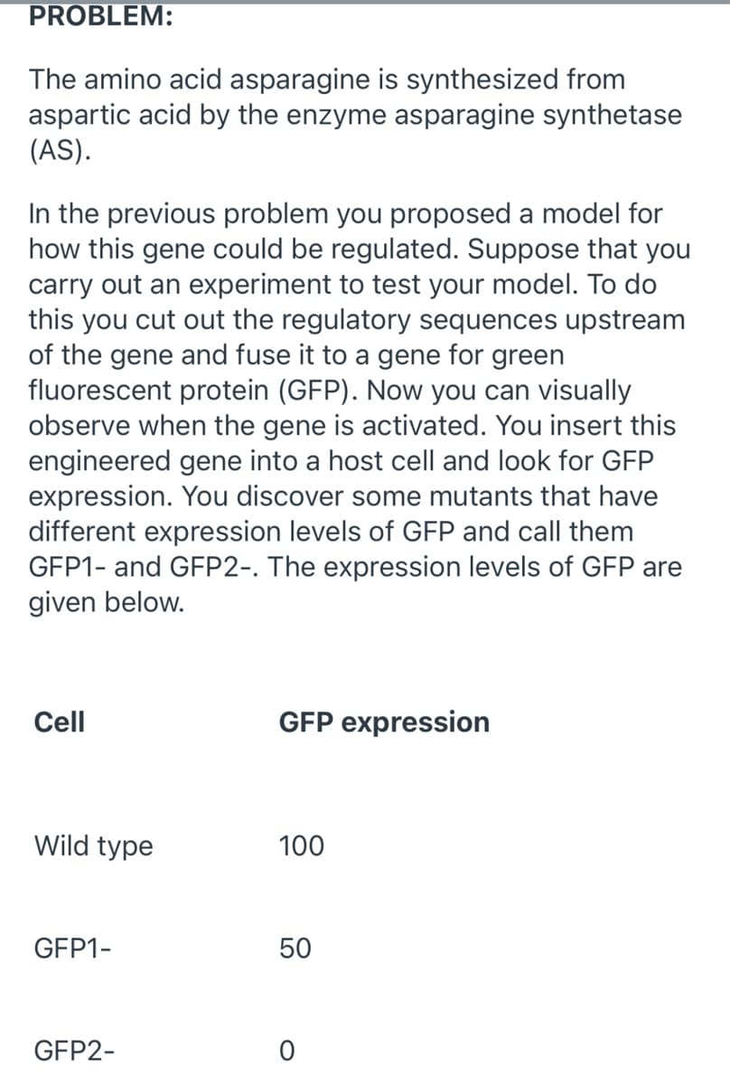 PROBLEM:
The amino acid asparagine is synthesized from
aspartic acid by the enzyme asparagine synthetase
(AS).
In the previous problem you proposed a model for
how this gene could be regulated. Suppose that you
carry out an experiment to test your model. To do
this you cut out the regulatory sequences upstream
of the gene and fuse it to a gene for green
fluorescent protein (GFP). Now you can visually
observe when the gene is activated. You insert this
engineered gene into a host cell and look for GFP
expression. You discover some mutants that have
different expression levels of GFP and call them
GFP1- and GFP2-. The expression levels of GFP are
given below.
Cell
GFP expression
Wild type
100
GFP1-
50
GFP2-
