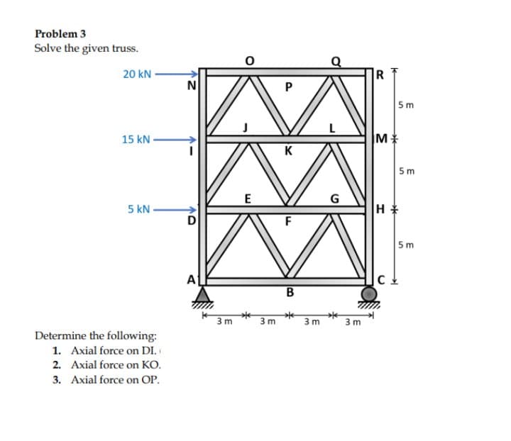 Problem 3
Solve the given truss.
20 kN -
N
5 m
15 kN
M
K
5m
E
G
5 kN
H
D
F
5m
A
B
3 m
3m
3 m
3m
Determine the following:
1. Axial force on DI.
2. Axial force on KO.
3. Axial force on OP.
E
