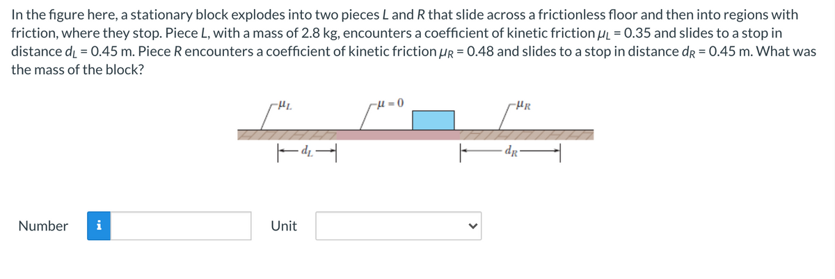 In the figure here, a stationary block explodes into two pieces L and R that slide across a frictionless floor and then into regions with
friction, where they stop. Piece L, with a mass of 2.8 kg, encounters a coefficient of kinetic friction µL = 0.35 and slides to a stop in
distance di = 0.45 m. Piece R encounters a coefficient of kinetic friction HR = 0.48 and slides to a stop in distance dr = 0.45 m. What was
%3D
%3D
the mass of the block?
-µ = 0
-HR
Number
Unit
