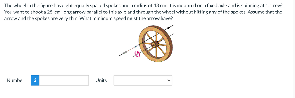 The wheel in the figure has eight equally spaced spokes and a radius of 43 cm. It is mounted on a fixed axle and is spinning at 1.1 rev/s.
You want to shoot a 25-cm-long arrow parallel to this axle and through the wheel without hitting any of the spokes. Assume that the
arrow and the spokes are very thin. What minimum speed must the arrow have?
Number
i
Units
