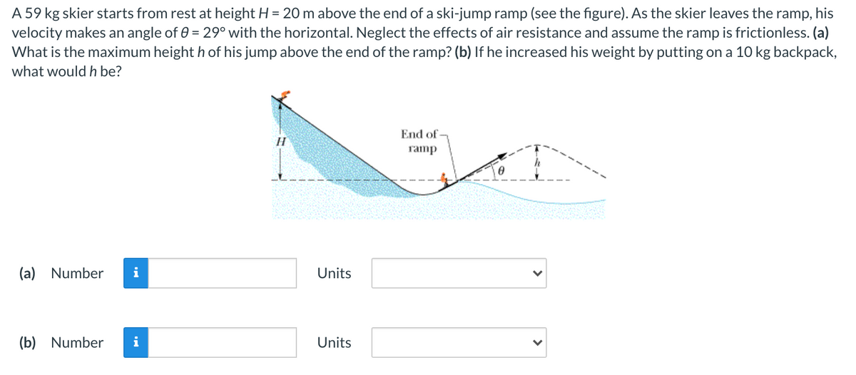 A 59 kg skier starts from rest at height H = 20 m above the end of a ski-jump ramp (see the figure). As the skier leaves the ramp, his
velocity makes an angle of 0 = 29°with the horizontal. Neglect the effects of air resistance and assume the ramp is frictionless. (a)
What is the maximum height h of his jump above the end of the ramp? (b) If he increased his weight by putting on a 10 kg backpack,
%3D
what would h be?
End of
ramp
(a) Number
i
Units
(b) Number
i
Units
>
