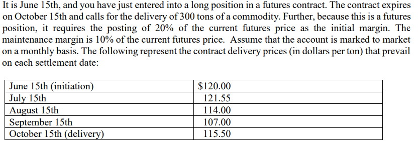 It is June 15th, and you have just entered into a long position in a futures contract. The contract expires
on October 15th and calls for the delivery of 300 tons of a commodity. Further, because this is a futures
position, it requires the posting of 20% of the current futures price as the initial margin. The
maintenance margin is 10% of the current futures price. Assume that the account is marked to market
on a monthly basis. The following represent the contract delivery prices (in dollars per ton) that prevail
on each settlement date:
June 15th (initiation)
July 15th
August 15th
September 15th
October 15th (delivery)
$120.00
121.55
114.00
107.00
115.50
