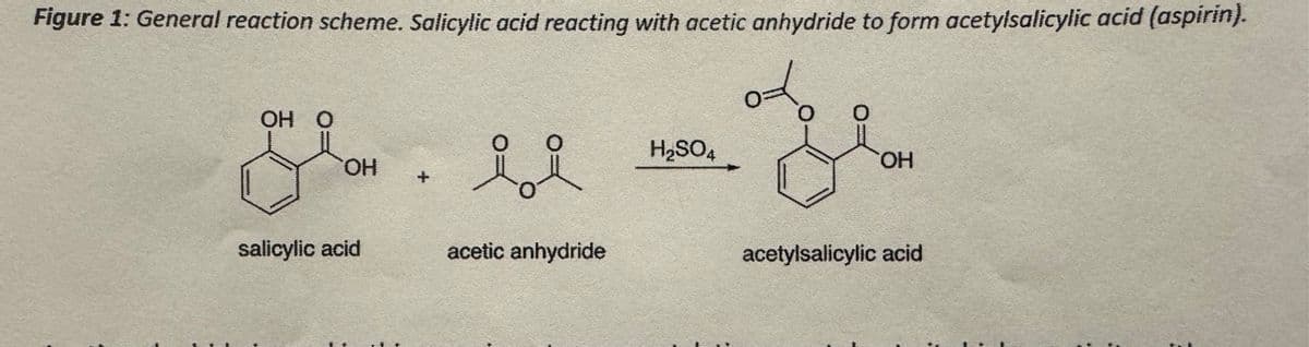 Figure 1: General reaction scheme. Salicylic acid reacting with acetic anhydride to form acetylsalicylic acid (aspirin).
OH O
OH
+
요요
H2SO4
salicylic acid
acetic anhydride
O
OH
acetylsalicylic acid