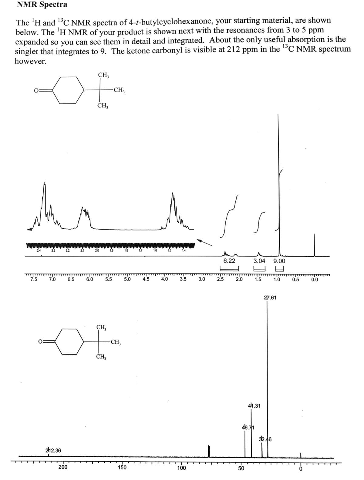 NMR Spectra
The 'H and ¹3C NMR spectra of 4-t-butylcyclohexanone, your starting material, are shown
below. The ¹H NMR of your product is shown next with the resonances from 3 to 5 ppm
expanded so you can see them in detail and integrated. About the only useful absorption is the
singlet that integrates to 9. The ketone carbonyl is visible at 212 ppm in the ¹3C NMR spectrum
13,
however.
Ar
7.5
7.0
212.36
6.5
200
CH3
F
CH3
6.0
5.5
CH3
-CH3
CH3
-CH3
5.0
150
4.5
4.0
3.5
100
3.0
6.22
2.5
2.0
3.04
50
1.5
41.31
46.71
9.00
32.46
1.0
27.61
0.5
0
ון
0.0