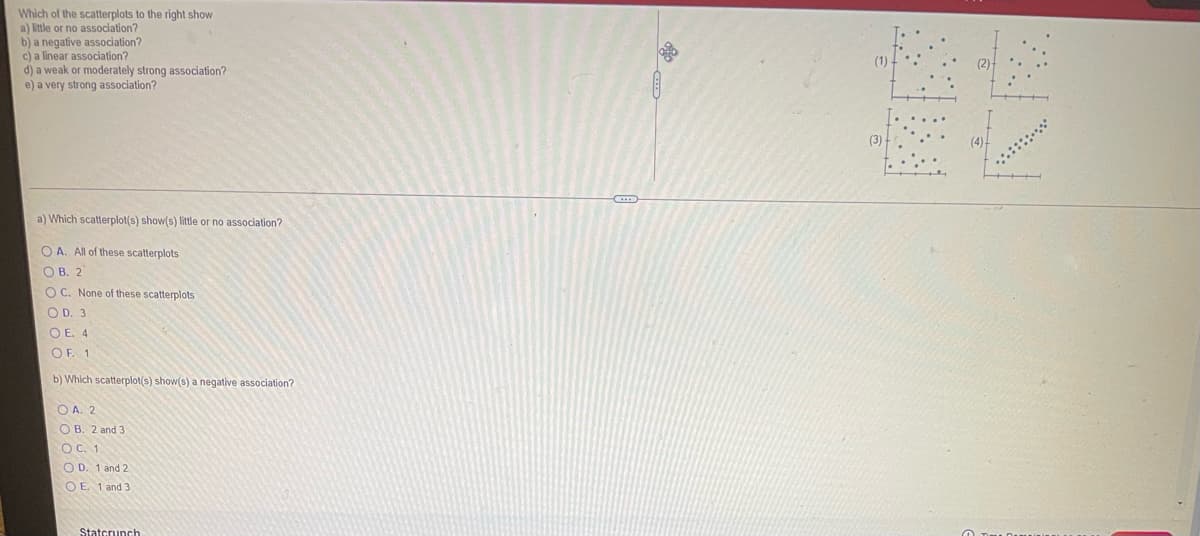 Which of the scatterplots to the right show
a) itle or no association?
b) a negative association?
c) a linear association?
d) a weak or moderately strong association?
e) a very strong association?
(3)
a) Which scatterplot(s) show(s) litte or no association?
O A. All of these scatterplots
O B. 2
O C. None of these scatterplots
O D. 3
O E. 4
OF. 1
b) Which scatterplot(s) show(s) a negative association?
O A. 2
O B. 2 and 3
OC. 1
O D. 1 and 2
O E 1 and 3
Statcrunch
