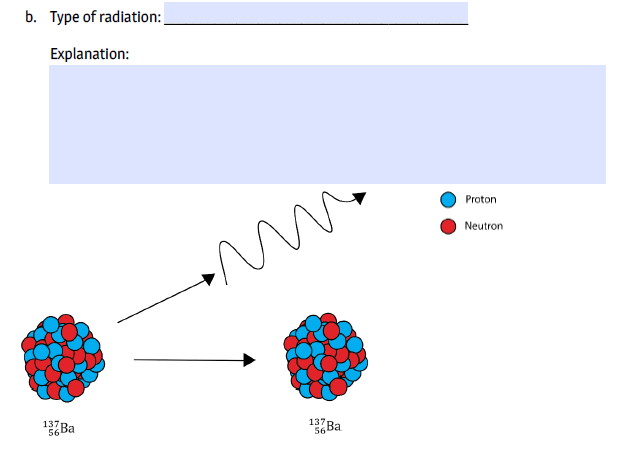 b. Type of radiation:
Explanation:
Proton
Neutron
137p
56
Ba
137
56
