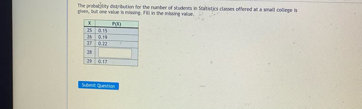 The probatlility distribution for the number of students in Statistics classes offered at a small college is
given, but one value is missing. Fill in the missing value.
X
P(X)
25
0.15
26
0.19
27
0.22
28
29
0.17
Submit Question
