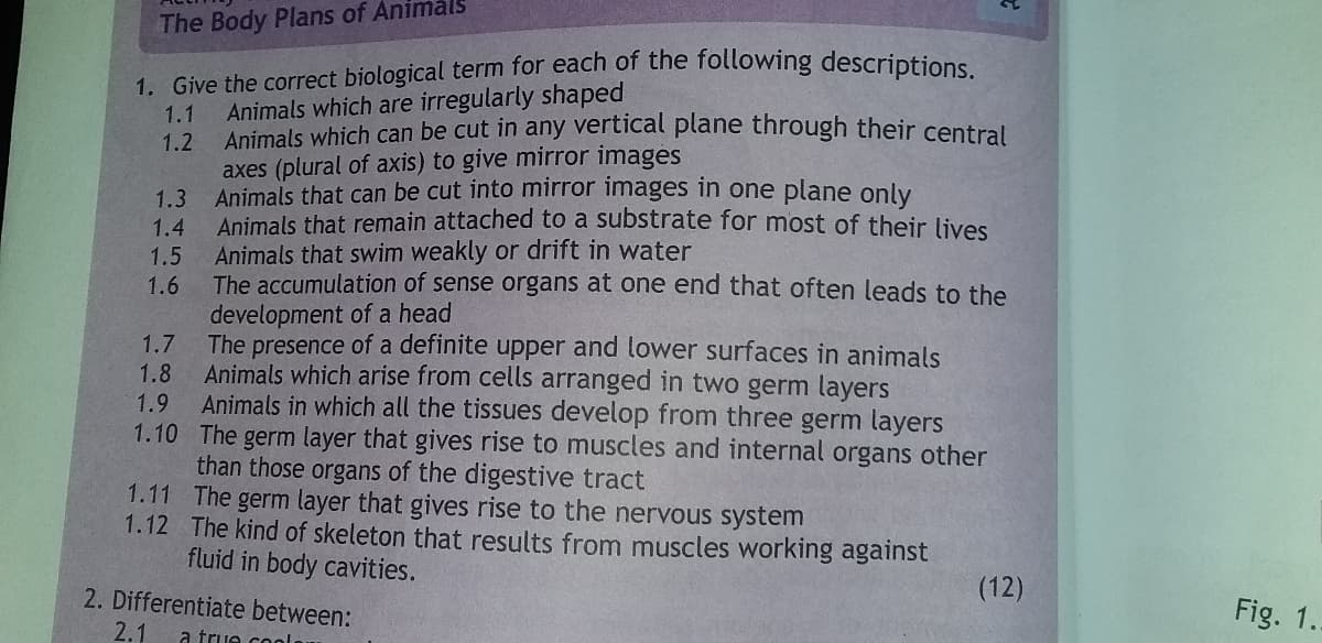 The Body Plans of Animals
1. Give the correct biological term for each of the following descriptions
1.1
Animals which are irregularly shaped
Animals which can be cut in any vertical plane through their central
1.2
axes (plural of axis) to give mirror images
Animals that can be cut into mirror images in one plane only
1.3
Animals that remain attached to a substrate for most of their lives
1.4
1.5
Animals that swim weakly or drift in water
The accumulation of sense organs at one end that often leads to the
development of a head
1.6
1.7
The presence of a definite upper and lower surfaces in animals
1.8
Animals which arise from cells arranged in two germ layers
Animals in which all the tissues develop from three germ layers
1.10 The germ layer that gives rise to muscles and internal organs other
than those organs of the digestive tract
1.11 The germ layer that gives rise to the nervous system
1.9
1.12 The kind of skeleton that results from muscles working against
fluid in body cavities.
2. Differentiate between:
(12)
Fig. 1..
2.1
a true col
