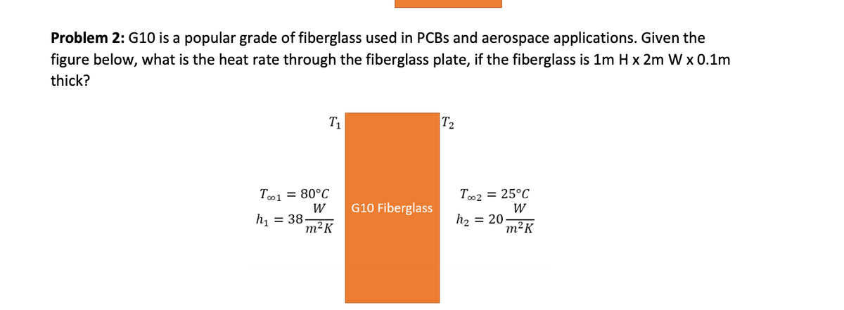 Problem 2: G10 is a popular grade of fiberglass used in PCBS and aerospace applications. Given the
figure below, what is the heat rate through the fiberglass plate, if the fiberglass is 1m H x 2m W x 0.1m
thick?
T1
T2
T01 = 80°C
W
h = 38-
T02 = 25°C
W
h2 = 20-
G10 Fiberglass
m²K
m²K
