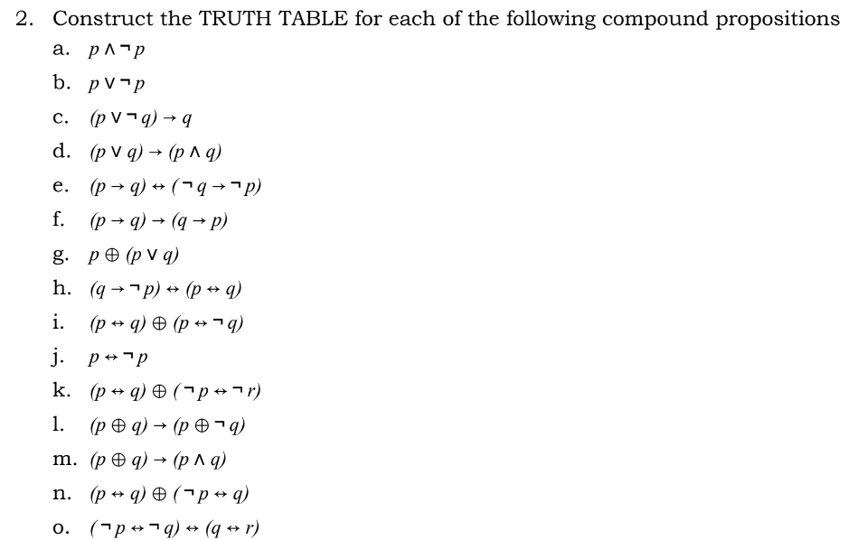 2. Construct the TRUTH TABLE for each of the following compound propositions
a. p^-p
b. pV¬p
c. (p V¬q) → q
d. (pVq) - (рлд)
e. (p → q) + (¬q→¬p)
f.
(p → q) → (q -→p)
g. p© (p v q)
h. (q →¬p) + (p + q)
i.
(p + q) Ð (p + ¬q)
j. p+¬p
k. (p + q) O(¬p+¬r)
1.
(р@д) — (р Ө -9)
m. (р @ q) (рЛд)
n. (p + q) O (¬p+q)
o. (-p +7q) + (q + r)
