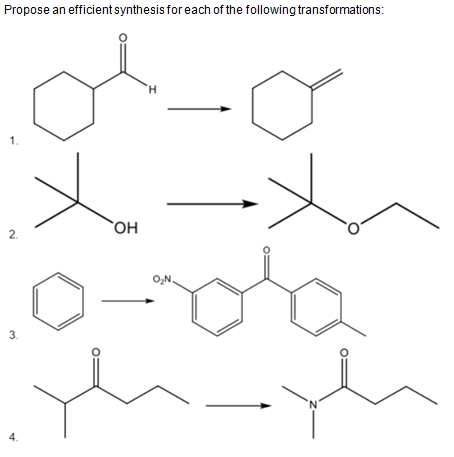 Propose an efficientsynthesis for each of the following transformations:
H.
1.
`OH
2.
O,N.
3.
N.
4.
