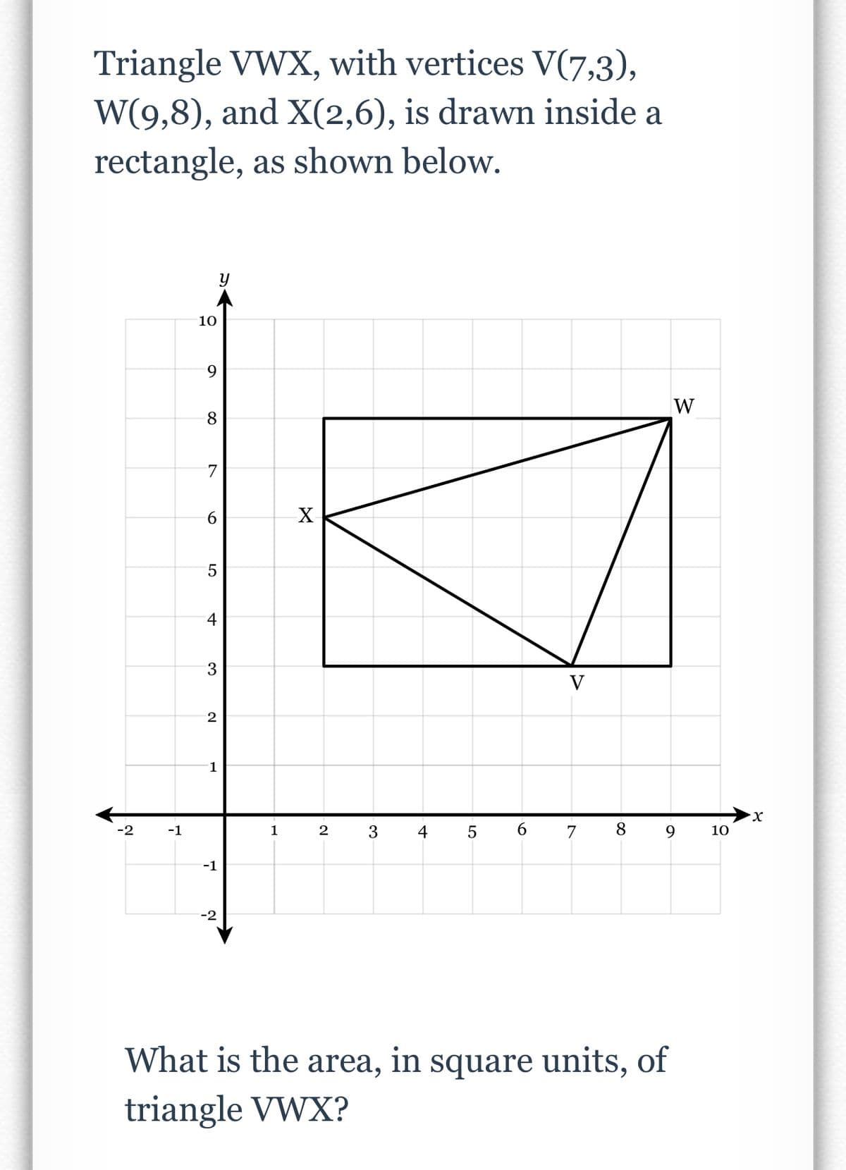 Triangle VWX, with vertices V(7,3),
W(9,8), and X(2,6), is drawn inside a
rectangle, as shown below.
10
9
W
8
X
4
V
2
1
-1
1
4
5
6.
7
8
9
10
-1
-2
What is the area, in square units, of
triangle VWX?
LO
6.
3.
