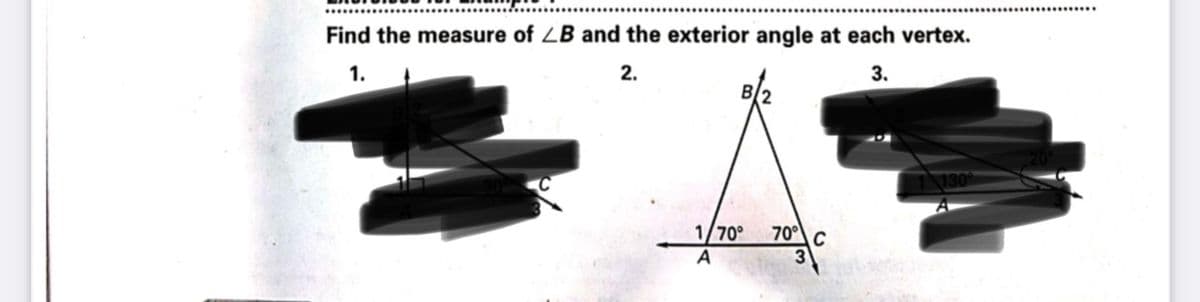 Find the measure of LB and the exterior angle at each vertex.
2.
3.
1.
70° C
1/70°
A