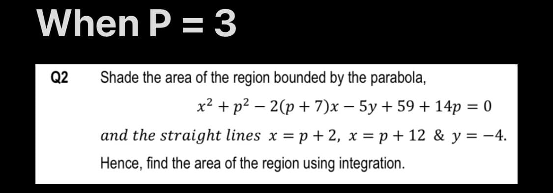When P = 3
Q2
Shade the area of the region bounded by the parabola,
x2 + p2 – 2(p + 7)x – 5y + 59 + 14p = 0
and the straight lines x = p+ 2, x = p + 12 & y = -4.
Hence, find the area of the region using integration.
