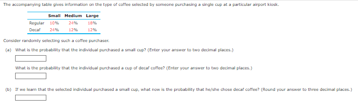 The accompanying table gives information on the type of coffee selected by someone purchasing a single cup at a particular airport kiosk.
Small Medium Large.
Regular 10%
24%
18%
Decaf 24% 12% 12%
Consider randomly selecting such a coffee purchaser.
(a) What is the probability that the individual purchased a small cup? (Enter your answer to two decimal places.)
What is the probability that the individual purchased a cup of decaf coffee? (Enter your answer to two decimal places.)
(b) If we learn that the selected individual purchased a small cup, what now is the probability that he/she chose decaf coffee? (Round your answer to three decimal places.)