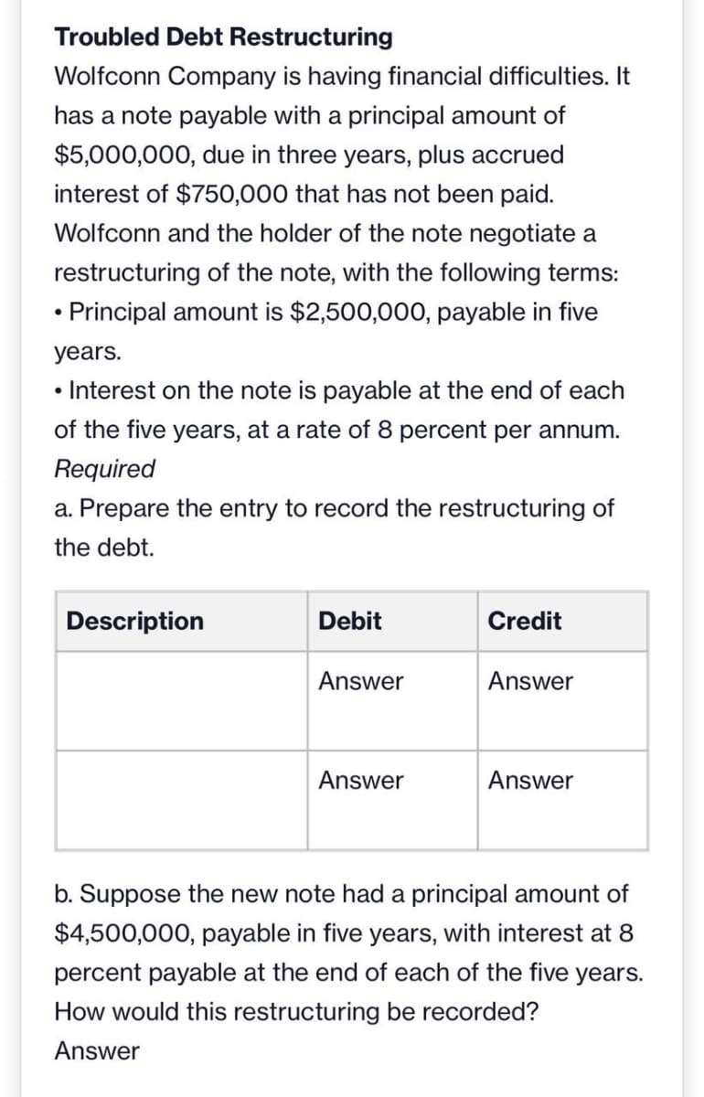 Troubled Debt Restructuring
Wolfconn Company is having financial difficulties. It
has a note payable with a principal amount of
$5,000,000, due in three years, plus accrued
interest of $750,000 that has not been paid.
Wolfconn and the holder of the note negotiate a
restructuring of the note, with the following terms:
• Principal amount is $2,500,000, payable in five
years.
• Interest on the note is payable at the end of each
of the five years, at a rate of 8 percent per annum.
Required
a. Prepare the entry to record the restructuring of
the debt.
Description
Debit
Answer
Answer
Credit
Answer
Answer
b. Suppose the new note had a principal amount of
$4,500,000, payable in five years, with interest at 8
percent payable at the end of each of the five years.
How would this restructuring be recorded?
Answer