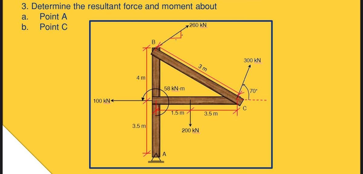 3. Determine the resultant force and moment about
Point A
a.
260 kN
b.
Point C
300 kN
3 m
4 m
58 kN-m
70°
100 kN+
1.5 m/
3.5 m
3.5 m
200 kN
A
