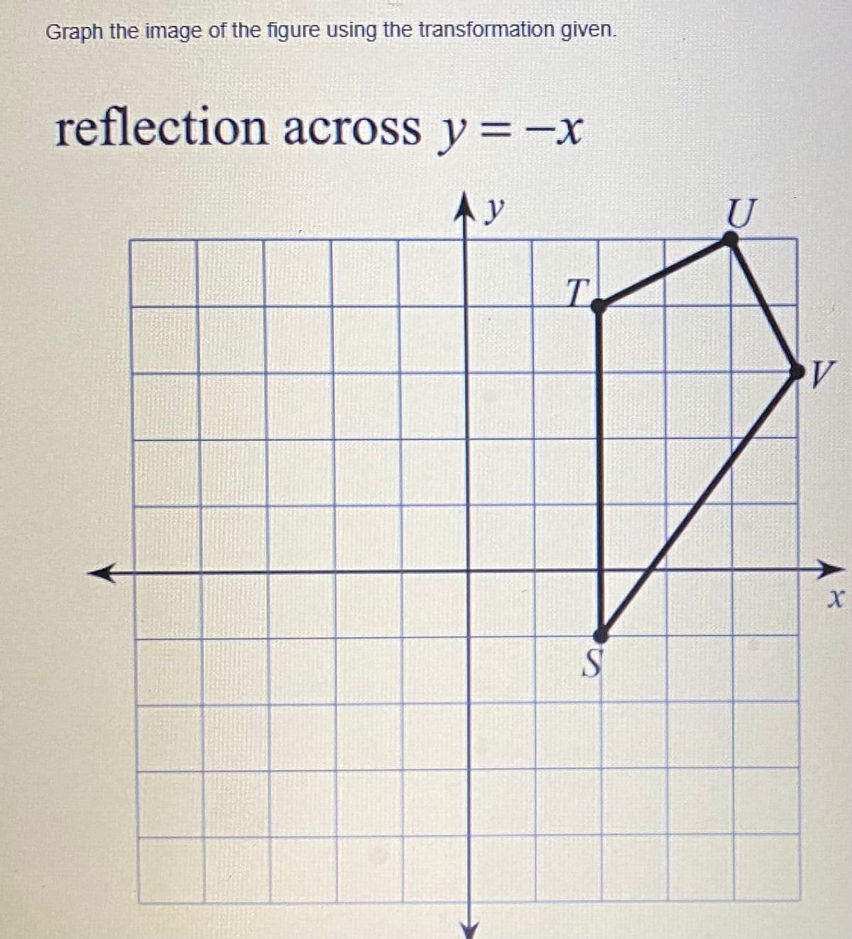 Graph the image of the figure using the transformation given.
reflection across y =-x
Ay
T.
V
