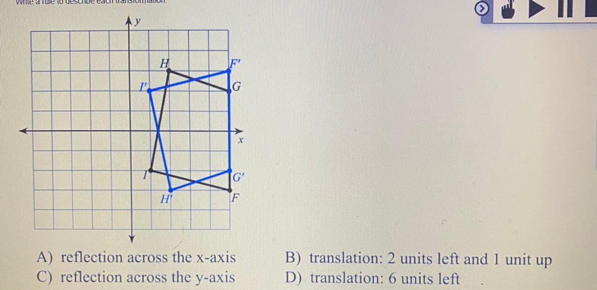 Wite a rul to d
H
F'
G'
H'
A) reflection across the x-axis
C) reflection across the y-axis
B) translation: 2 units left and 1 unit up
D) translation: 6 units left
