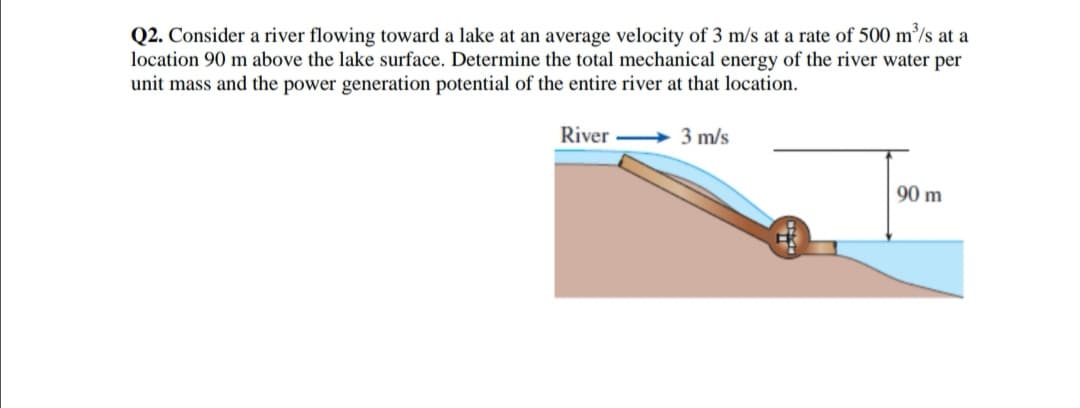 Q2. Consider a river flowing toward a lake at an average velocity of 3 m/s at a rate of 500 m/s at a
location 90 m above the lake surface. Determine the total mechanical energy of the river water per
unit mass and the power generation potential of the entire river at that location.
River
3 m/s
90 m
