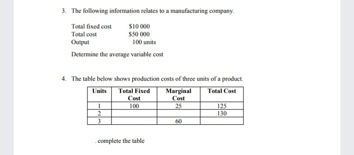 3. The following information relates to a manufacturing company.
Total fixed cost
$10 000
Total cost
$50 000
Output
100 units
Determine the average variable cost
4. The table below shows production costs of three units of a product.
Marginal
Cost
Units
Total Fixed
Total Cost
Cost
100
25
125
2
130
3
60
.complete the table
