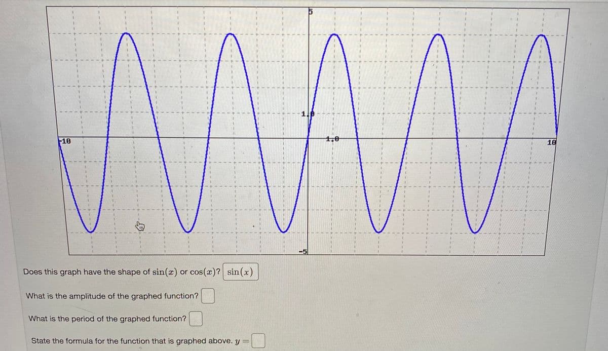 10
1,0
10
-5
Does this graph have the shape of sin(x) or cos(x)? sin (x)
What is the amplitude of the graphed function?
What is the period of the graphed function?
State the formula for the function that is graphed above. y
