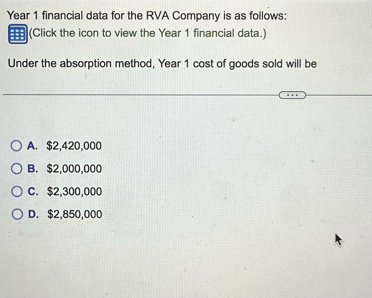 Year 1 financial data for the RVA Company is as follows:
(Click the icon to view the Year 1 financial data.)
Under the absorption method, Year 1 cost of goods sold will be
OA. $2,420,000
OB. $2,000,000
OC. $2,300,000
OD. $2,850,000
...