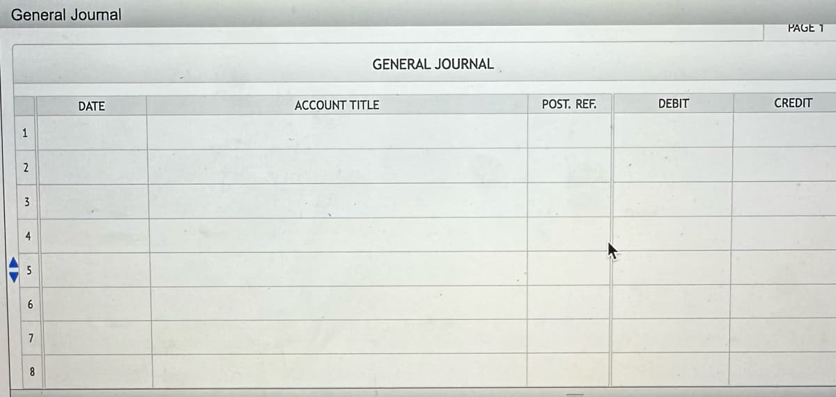 General Journal
1
2
3
4
5
6
7
8
DATE
GENERAL JOURNAL
ACCOUNT TITLE
POST. REF.
DEBIT
PAGE 1
CREDIT