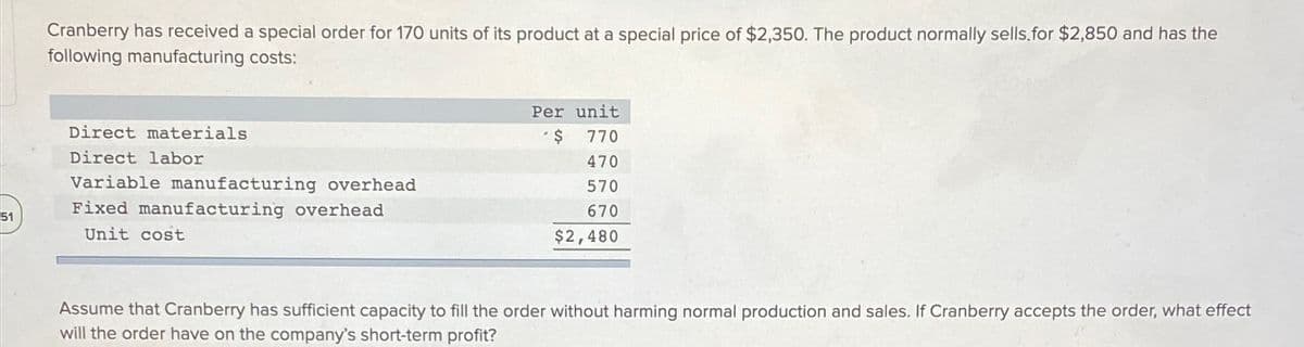 Cranberry has received a special order for 170 units of its product at a special price of $2,350. The product normally sells.for $2,850 and has the
following manufacturing costs:
Per unit
Direct materials
770
Direct labor
470
Variable manufacturing overhead
570
Fixed manufacturing overhead
670
51
Unit cost
$2,480
Assume that Cranberry has sufficient capacity to fill the order without harming normal production and sales. If Cranberry accepts the order, what effect
will the order have on the company's short-term profit?
