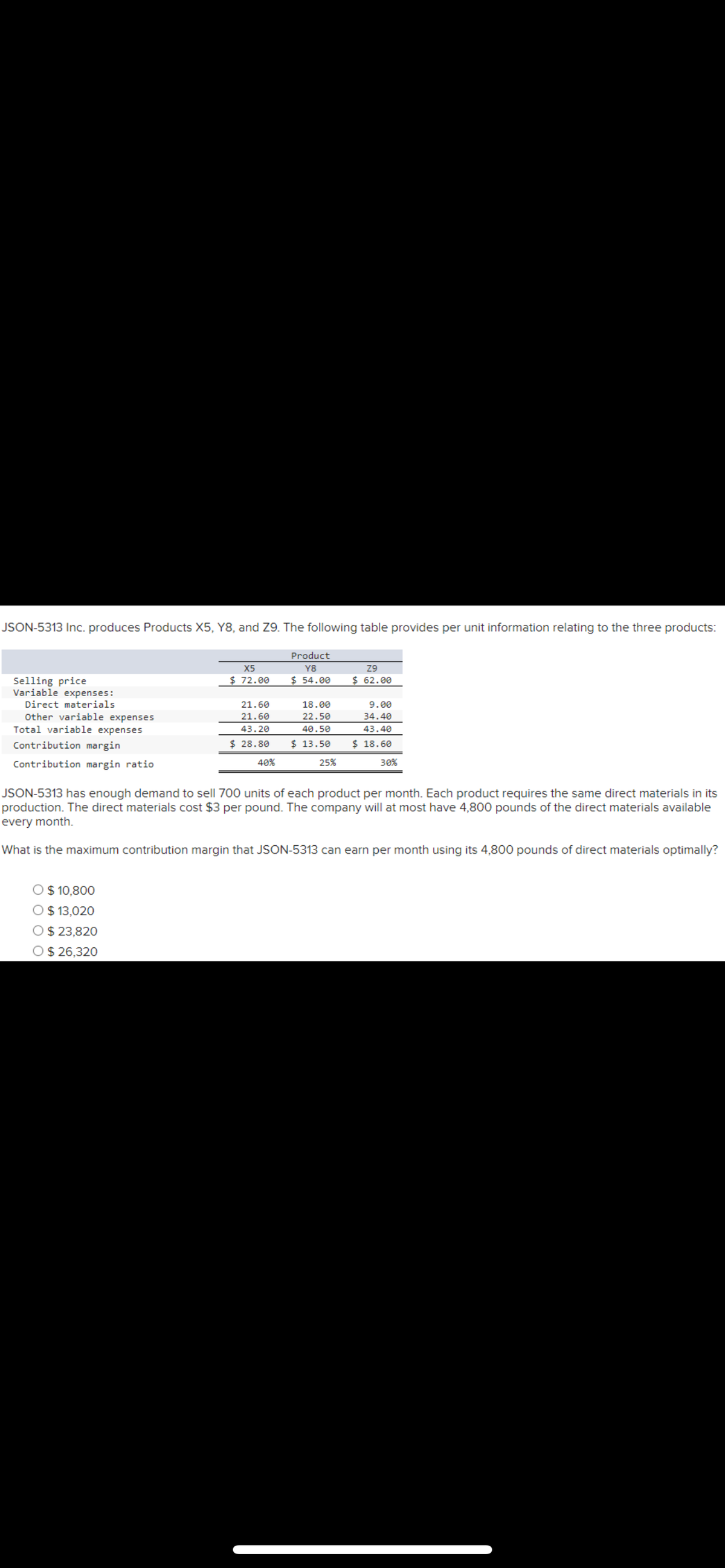 JSON-5313 Inc. produces Products X5, Y8, and Z9. The following table provides per unit information relating to the three products:
Product
Y8
X5
Z9
Selling price
$ 72.00
$ 54.00
$ 62.00
Variable expenses:
Direct materials
21.60
18.00
9.00
21.60
22.50
34.40
43.20
43.40
Other variable expenses
Total variable expenses
Contribution margin
Contribution margin ratio
40.50
$13.50
$28.80
$18.60
40%
25%
30%
JSON-5313 has enough demand to sell 700 units of each product per month. Each product requires the same direct materials in its
production. The direct materials cost $3 per pound. The company will at most have 4,800 pounds of the direct materials available
every month.
What is the maximum contribution margin that JSON-5313 can earn per month using its 4,800 pounds of direct materials optimally?
O $ 10,800
O $ 13,020
O $ 23,820
O $ 26,320