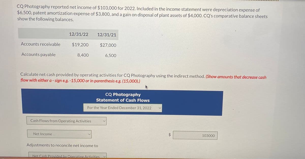CQ Photography reported net income of $103,000 for 2022. Included in the income statement were depreciation expense of
$6,500, patent amortization expense of $3,800, and a gain on disposal of plant assets of $4,000. CQ's comparative balance sheets
show the following balances.
Accounts receivable
Accounts payable
12/31/22
$19,200
Net Income
8,400
12/31/21
Cash Flows from Operating Activities
Calculate net cash provided by operating activities for CQ Photography using the indirect method. (Show amounts that decrease cash
flow with either a - sign e.g. -15,000 or in parenthesis e.g. (15,000).)
$27,000
CQ Photography
Statement of Cash Flows
For the Year Ended December 31, 2022
Adjustments to reconcile net income to
6,500
Net Cash Provided by Operating Activities
$
103000