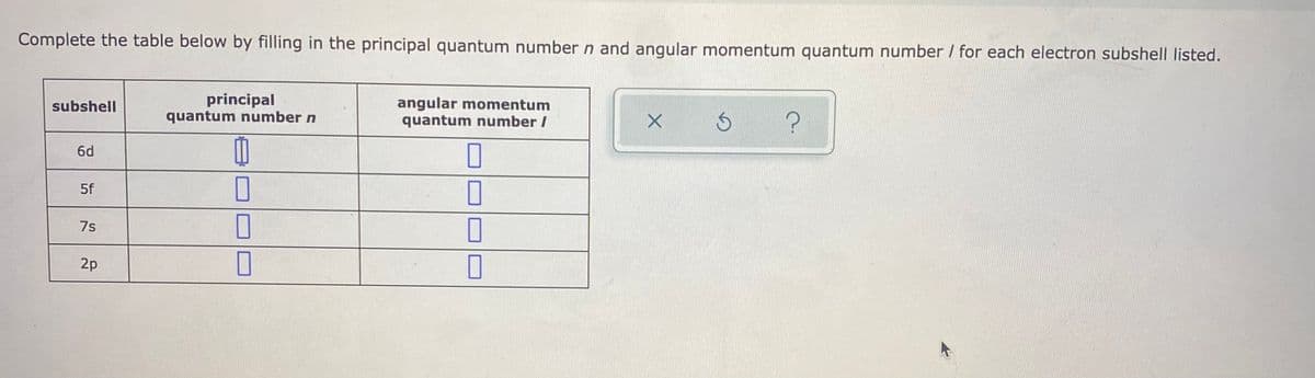 Complete the table below by filling in the principal quantum number n and angular momentum quantum number / for each electron subshell listed.
principal
quantum number n
angular momentum
quantum number /
subshell
6d
5f
7s
2p
