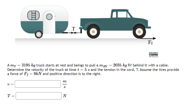 T=
m
Amr = 3195 kg truck starts at rest and beings to pull a mRv = 2035 kg RV behind it with a cable.
Determine the velocity of the truck at time t = 5 s and the tension in the cord, T. Assume the tires provide
a force of Ff = 9kN and positive direction is to the right.
S
T
N
Fr
ⒸD